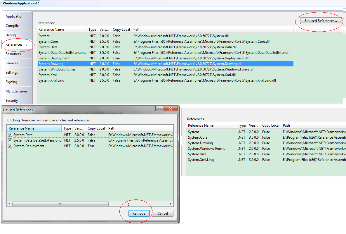 Remove unused references in VB2008.